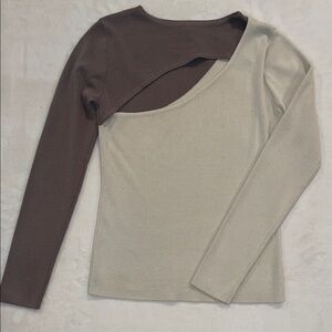 Crescent Brown and Cream Asymmetrical Long Sleeve Top